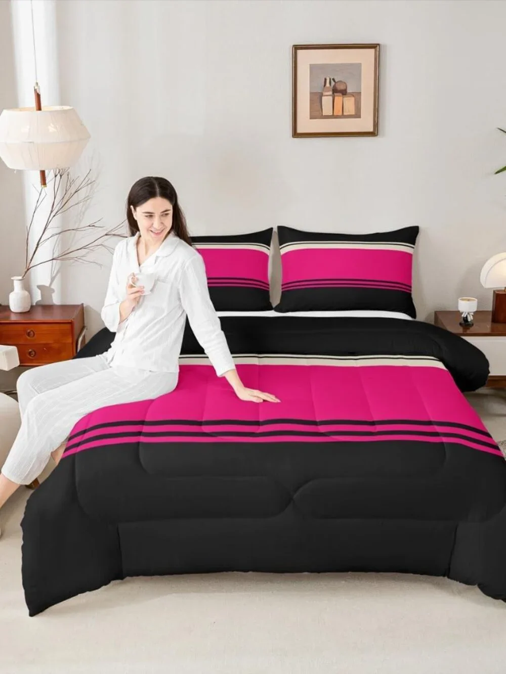 Patchwork Striped Comforter Set Hot Pink Black Stripes Bedding Sets Aesthetic Ge